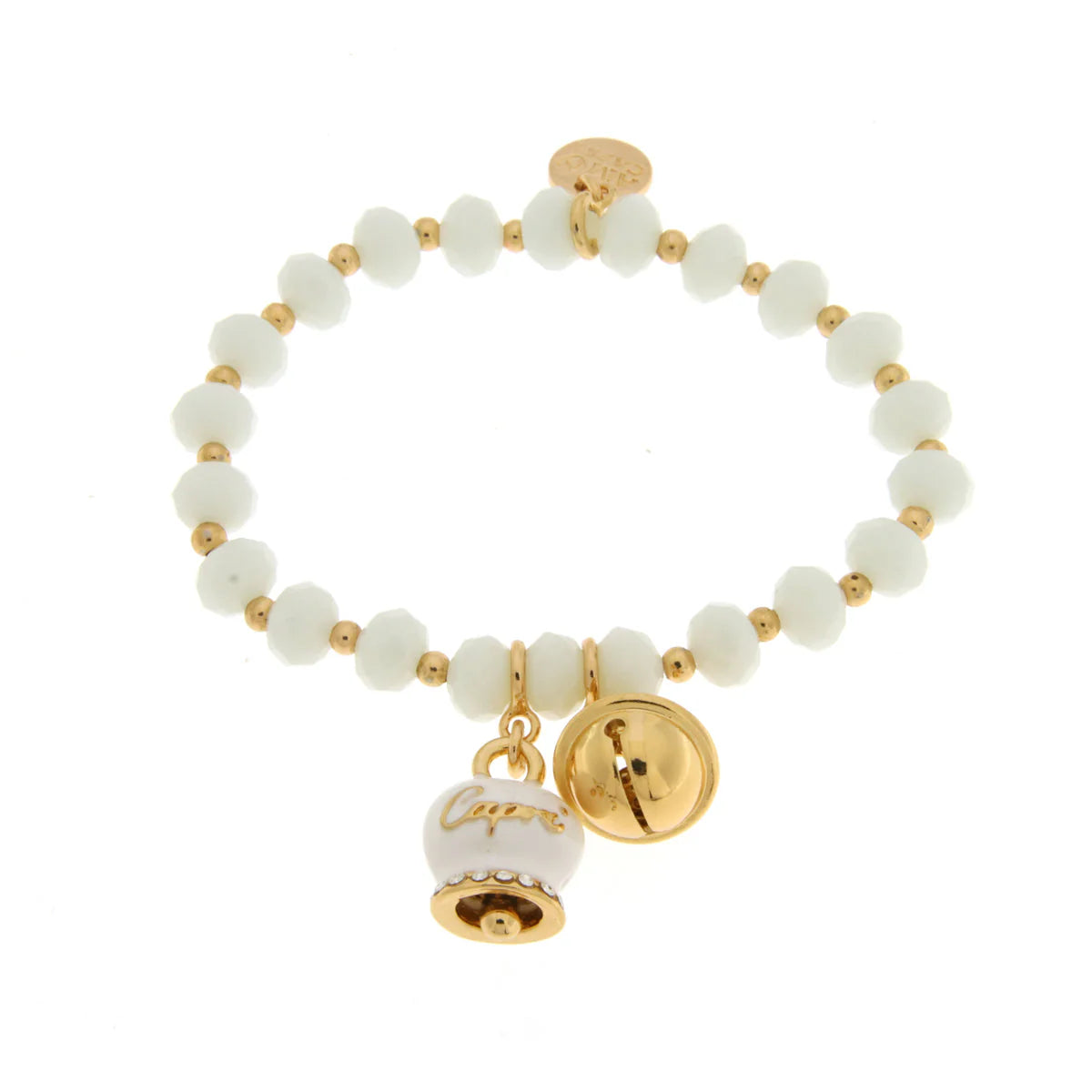 AMO CAPRI - BRACCIALE ELASTICO CON CAMPANELLA BIANCA SCRITTA CAPRI E PIETRE BIANCHE