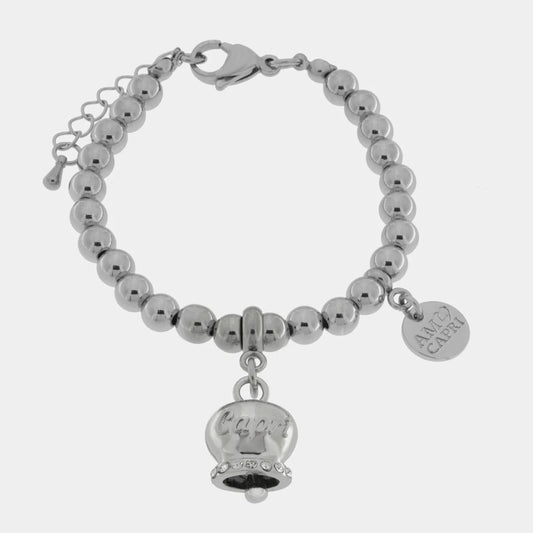 AMO CAPRI - BRACCIALE IN ACCIAIO CON CAMPANELLA RODIO SCRITTA CAPRI E CRISTALLI