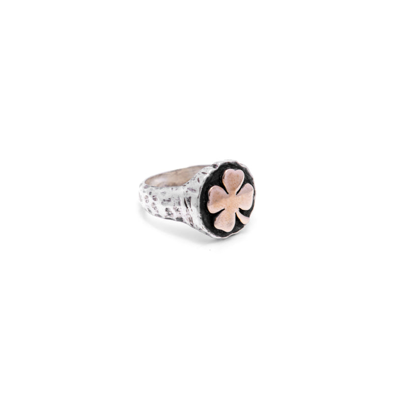 ANELLO FORTUNA SIGILLO CON QUADRIFOGLIO ARGENTO E BRONZO