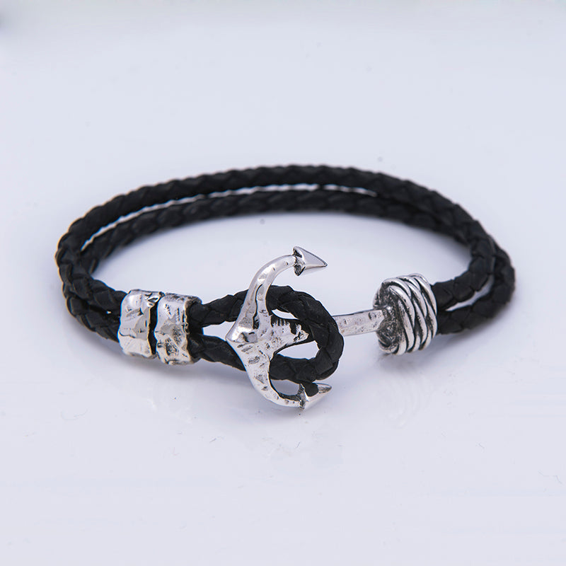 BRACCIALE UOMO IN CUOIO CON ANCORA ARGENTO