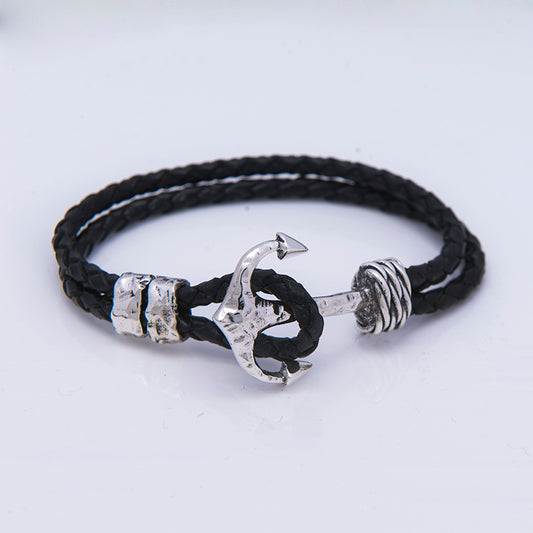 BRACCIALE UOMO IN CUOIO CON ANCORA ARGENTO