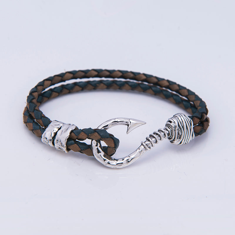 BRACCIALE UOMO IN CUOIO AVIO E MARRONE CON AMO ARGENTO