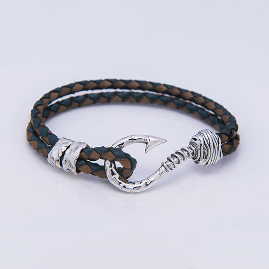 BRACCIALE UOMO IN CUOIO AVIO E MARRONE CON AMO ARGENTO