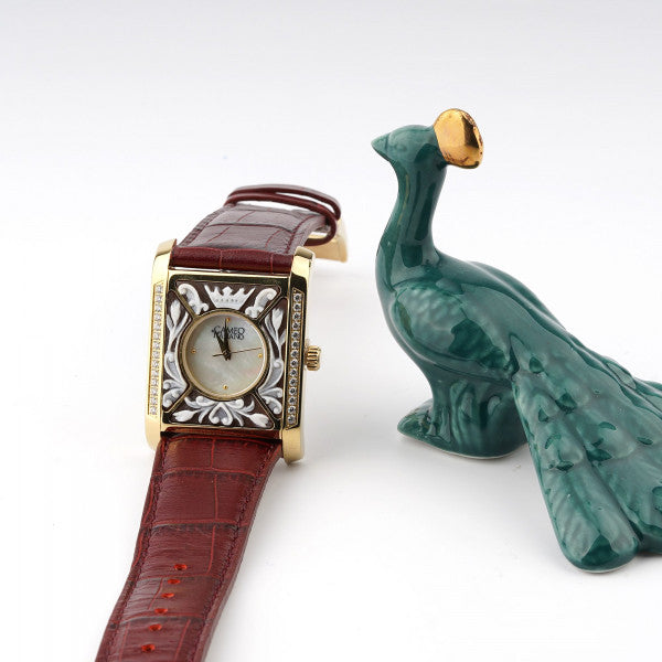 CAMEO ITALIANO - OROLOGIO PARTENOPE ACCIAIO ORO CINTURINO BORDEAUX E ZIRCONI