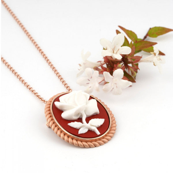 SPILLA CAMEO RAFFAELLO CON ROSA BASE ROSSA