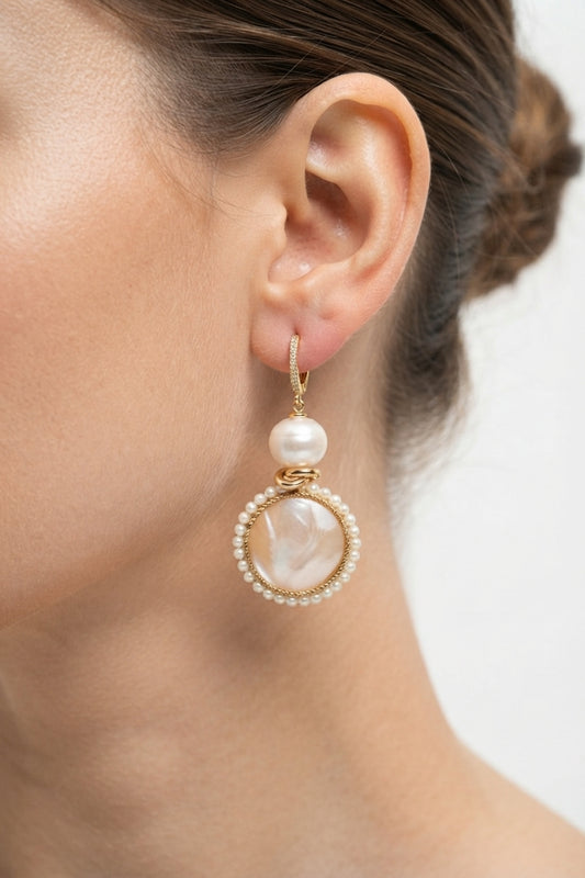 SICYLUI - MOTHER-OF-PEARL AND FRESHWATER PEARL DROP EARRINGS