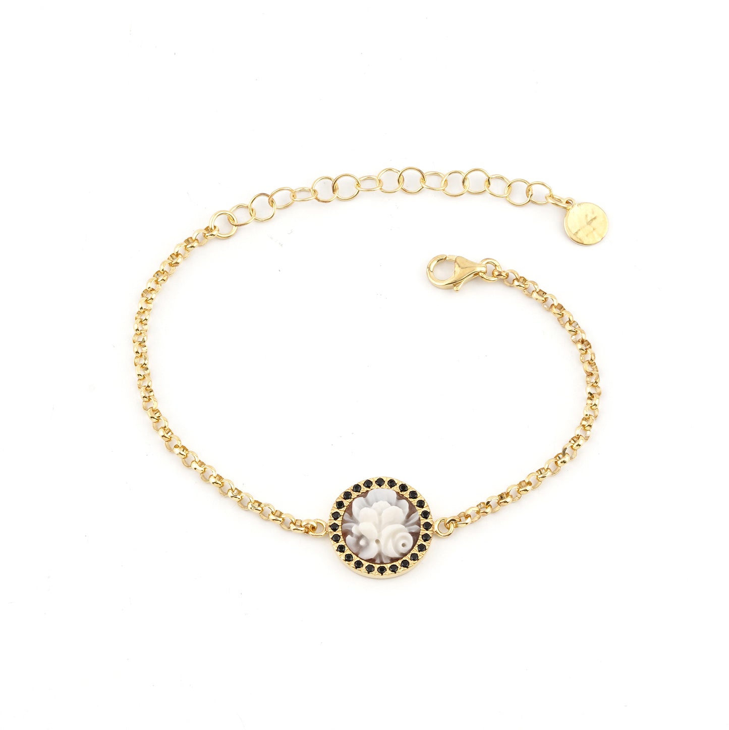 CAMEO ITALIANO - BRACCIALE SUNRISE CON CAMEO CENTRALE FIORI  E CONTORNO DI ZIRCONI NERI