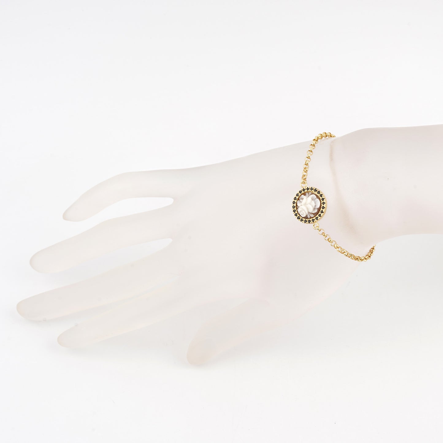 CAMEO ITALIANO - BRACCIALE SUNRISE CON CAMEO CENTRALE FIORI  E CONTORNO DI ZIRCONI NERI