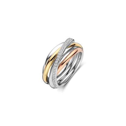 TI SENTO - ANELLO FASCIA IN ARGENTO RODIO, ROSE' E DORATO CON ZIRCONI BIANCHI