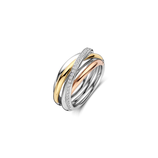 TI SENTO - ANELLO FASCIA IN ARGENTO RODIO, ROSE' E DORATO CON ZIRCONI BIANCHI