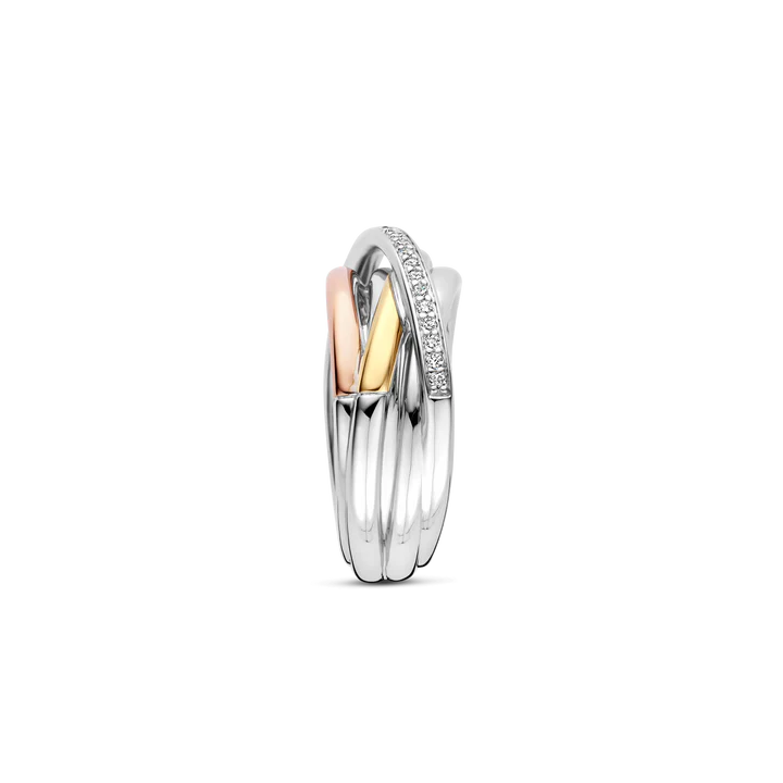 TI SENTO - ANELLO FASCIA IN ARGENTO RODIO, ROSE' E DORATO CON ZIRCONI BIANCHI