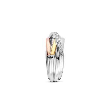 TI SENTO - ANELLO FASCIA IN ARGENTO RODIO, ROSE' E DORATO CON ZIRCONI BIANCHI