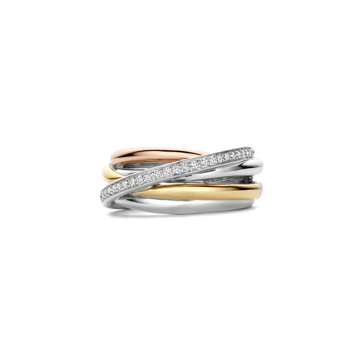 TI SENTO - ANELLO FASCIA IN ARGENTO RODIO, ROSE' E DORATO CON ZIRCONI BIANCHI