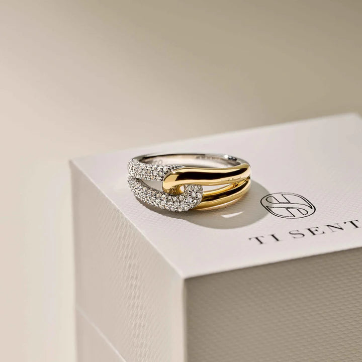 TI SENTO - ANELLO INTRECCIO ARGENTO DORATO E ZIRCONI BIANCHI