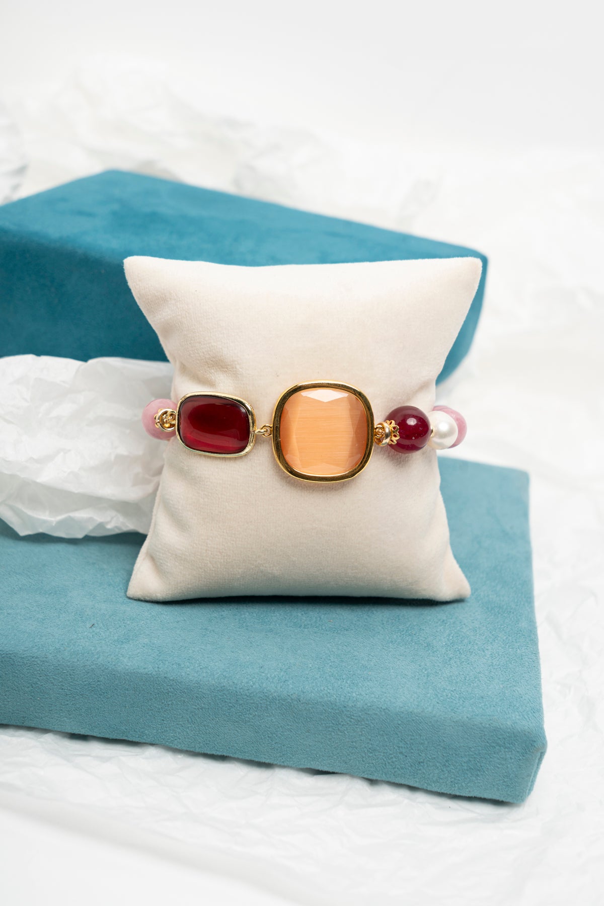 SICYLUI - BRACCIALE CON PERLE, GIADA ARANCIONE E ROSSO RUBINO