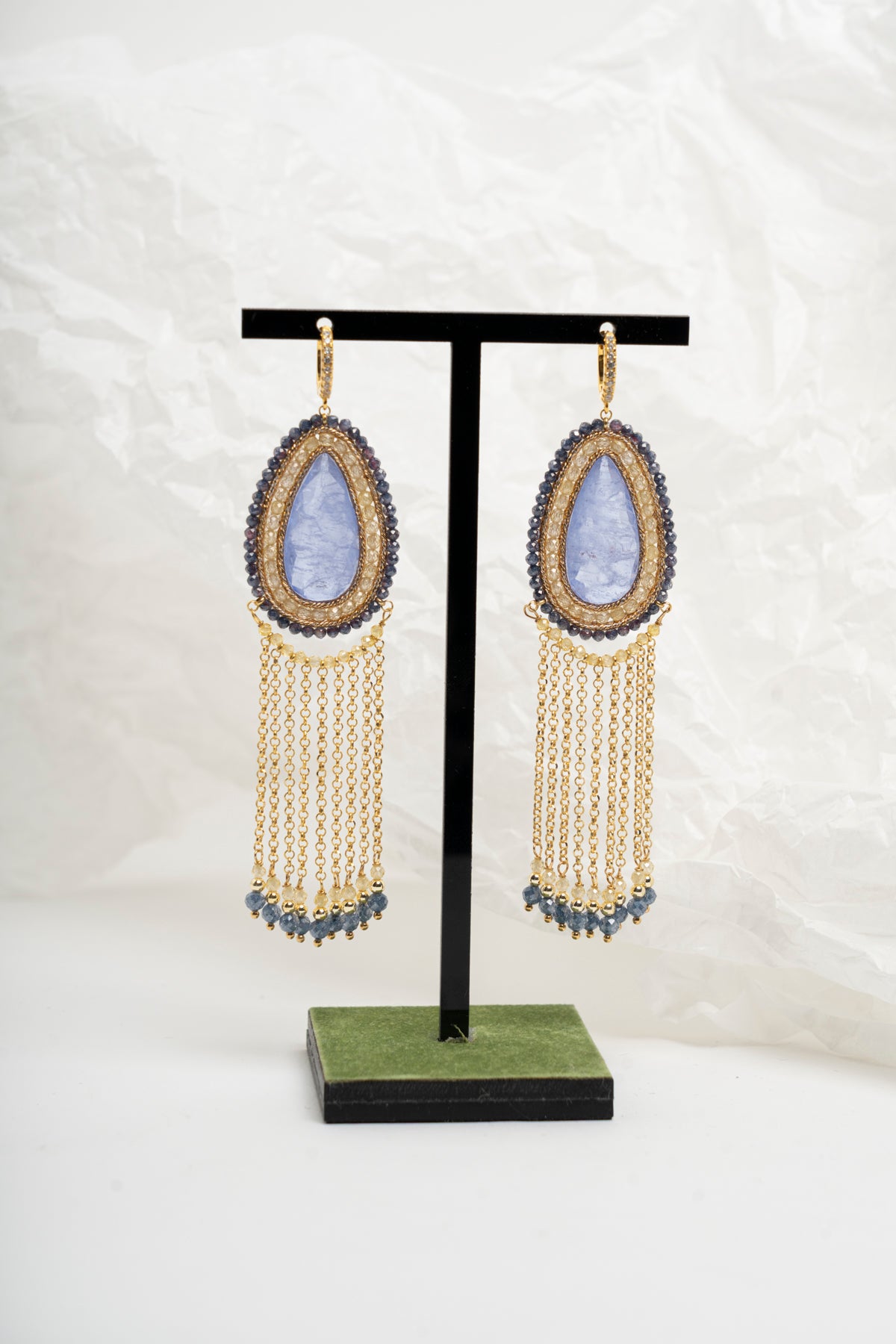 SICYLUI - ORECCHINI PENDENTI ZIRCONE A GOCCIA AVIO E FRANGE