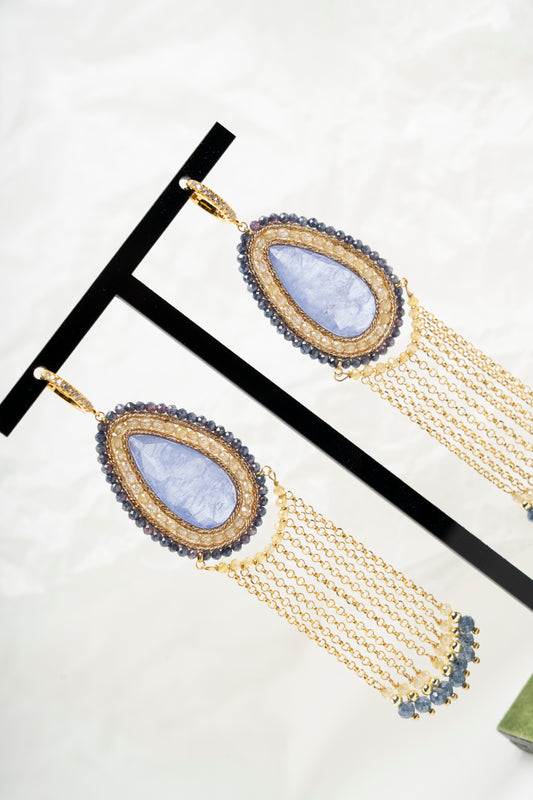 SICYLUI - ORECCHINI PENDENTI ZIRCONE A GOCCIA AVIO E FRANGE