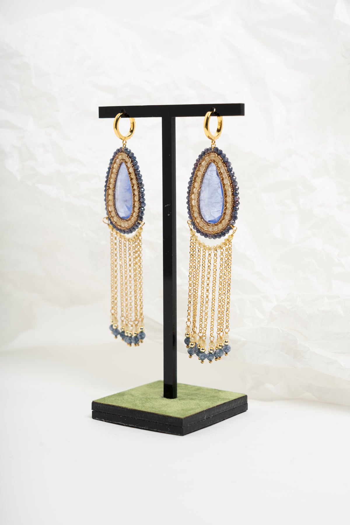 SICYLUI - ORECCHINI PENDENTI ZIRCONE A GOCCIA AVIO E FRANGE