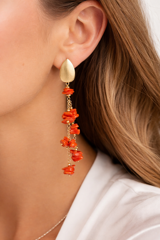 SICYLUI - ORECCHINI PENDENTI CORALLO ROSSO GREZZO