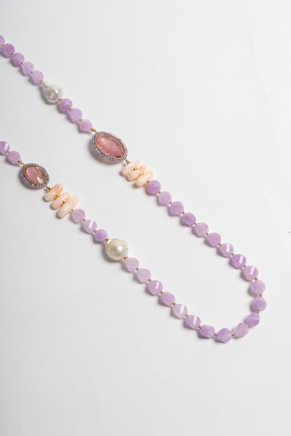 SICYLUI - COLLANA LUNGA CORALLO ROSA E CRISTALLO DI ROCCA ROSA CON PERLE