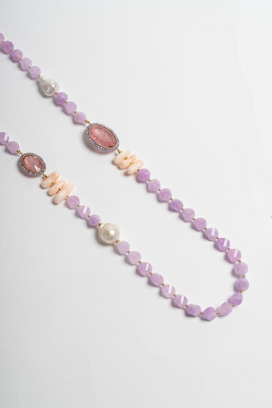 SICYLUI - PINK CORAL AND ROSE QUARTZ LONG NECKLACE WITH PEARLS