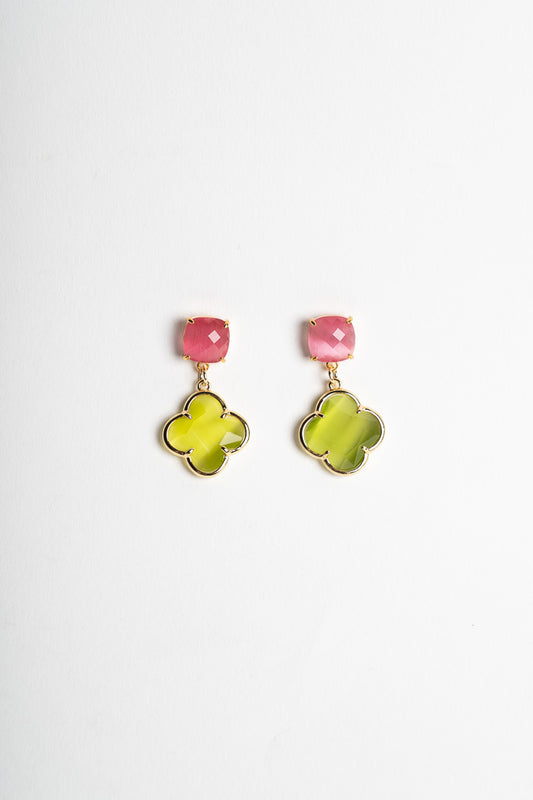 SICYLUI - CLOVER EARRINGS WITH PINK AND GREEN CRYSTALS