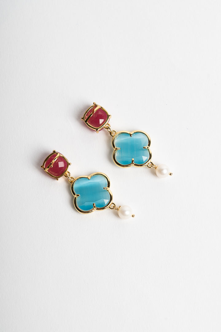 SICYLUI - CLOVER EARRINGS WITH TURQUOISE AND PINK CRYSTAL