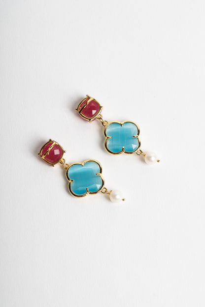 SICYLUI - CLOVER EARRINGS WITH TURQUOISE AND PINK CRYSTAL