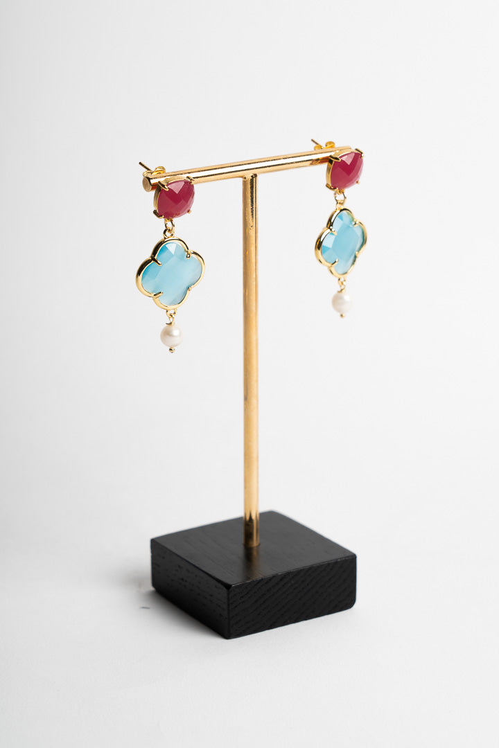 SICYLUI - CLOVER EARRINGS WITH TURQUOISE AND PINK CRYSTAL