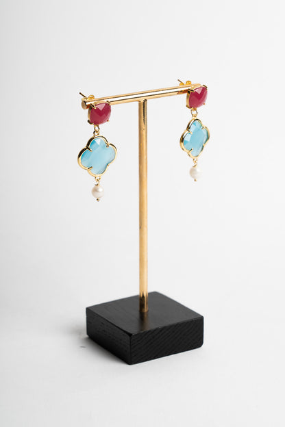 SICYLUI - CLOVER EARRINGS WITH TURQUOISE AND PINK CRYSTAL