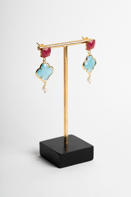SICYLUI - CLOVER EARRINGS WITH TURQUOISE AND PINK CRYSTAL