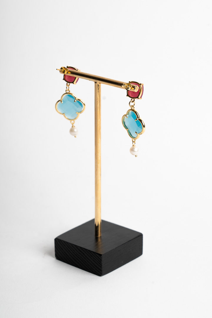 SICYLUI - CLOVER EARRINGS WITH TURQUOISE AND PINK CRYSTAL
