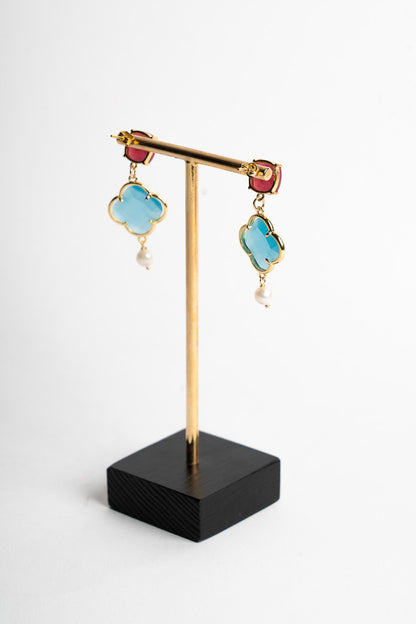 SICYLUI - CLOVER EARRINGS WITH TURQUOISE AND PINK CRYSTAL