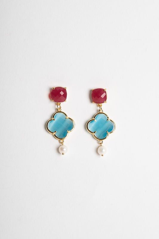 SICYLUI - CLOVER EARRINGS WITH TURQUOISE AND PINK CRYSTAL