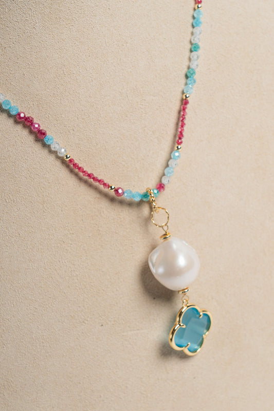 SICYLUI - COLLANA CON ZIRCONI MULTICOLOR E PENDENTE AZZURRO