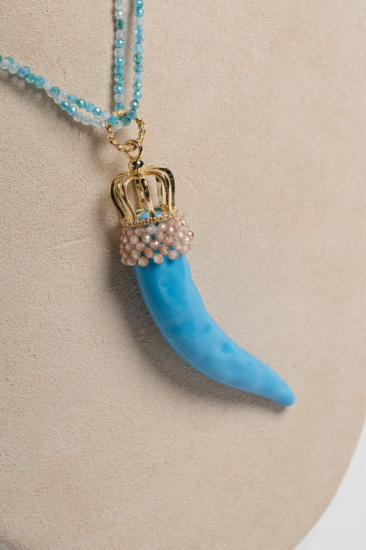 SICYLUI - COLLANA CON CORNO GRANDE IN CERAMICA TURCHESE CON CRISTALLI AZZURRI