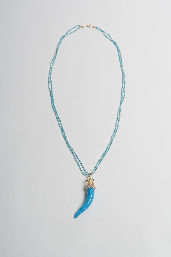 SICYLUI - COLLANA CON CORNO GRANDE IN CERAMICA TURCHESE CON CRISTALLI AZZURRI