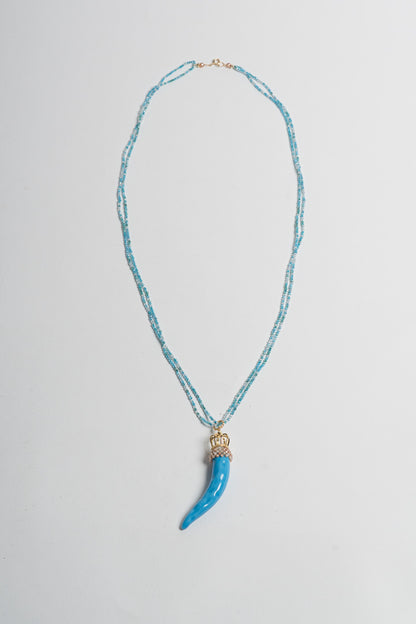 SICYLUI - COLLANA CON CORNO GRANDE IN CERAMICA TURCHESE CON CRISTALLI AZZURRI