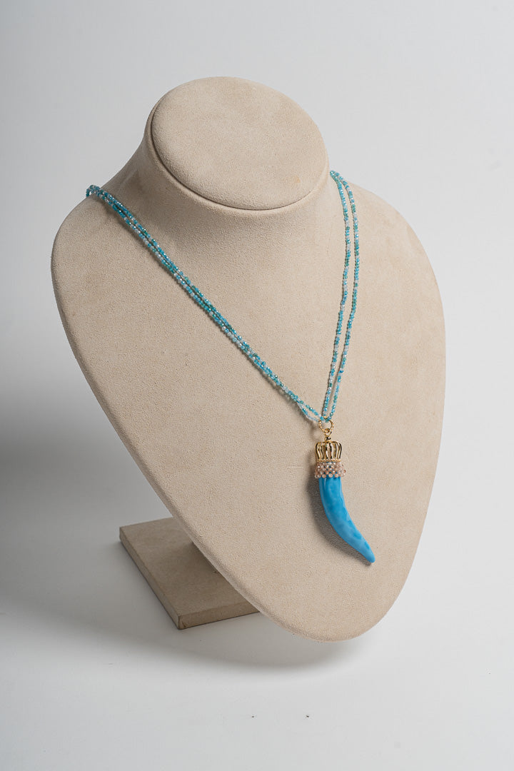 SICYLUI - COLLANA CON CORNO GRANDE IN CERAMICA TURCHESE CON CRISTALLI AZZURRI