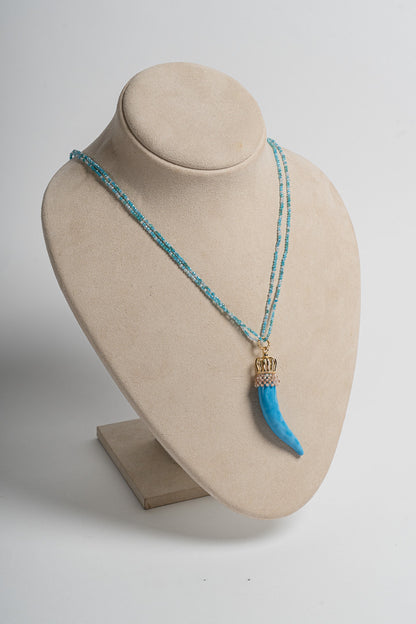 SICYLUI - COLLANA CON CORNO GRANDE IN CERAMICA TURCHESE CON CRISTALLI AZZURRI