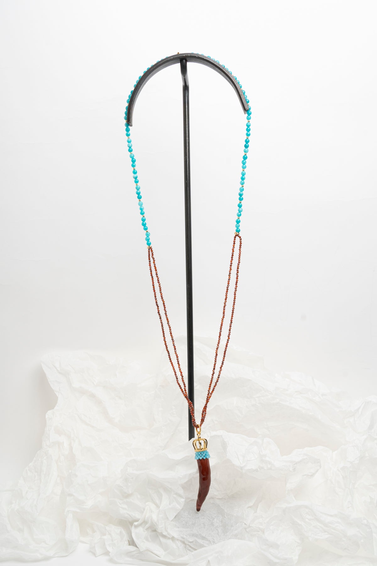 SICYLUI - COLLANA CORNO GRANDE IN CERAMICA MORO E TURCHESE CON DOPPIA CATENA