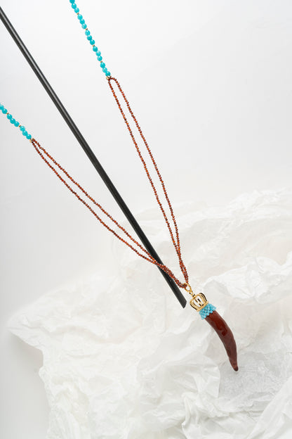 SICYLUI - COLLANA CORNO GRANDE IN CERAMICA MORO E TURCHESE CON DOPPIA CATENA