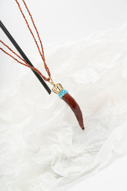 SICYLUI - COLLANA CORNO GRANDE IN CERAMICA MORO E TURCHESE CON DOPPIA CATENA