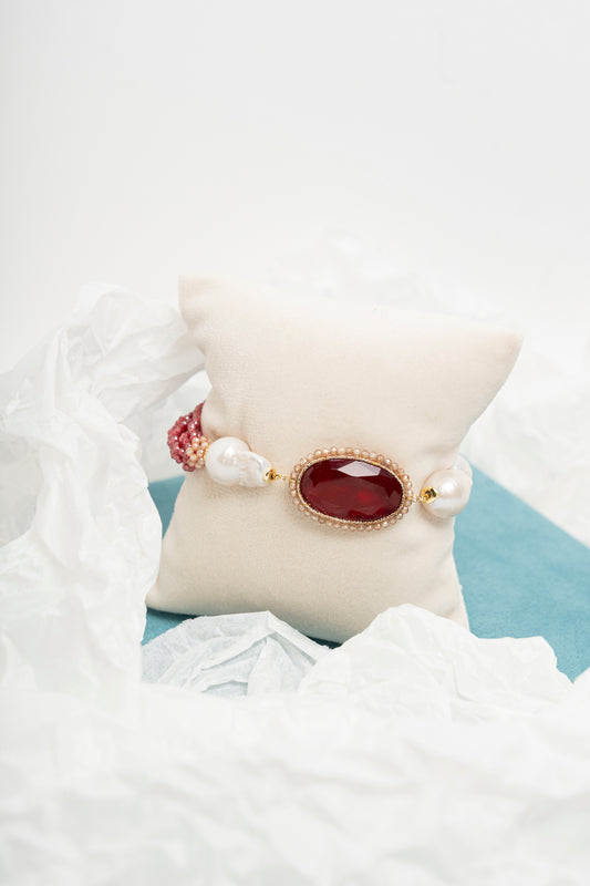 SICYLUI - BRACCIALE CON PERLE SCARAMAZZE E ZIRCONI ROSSI