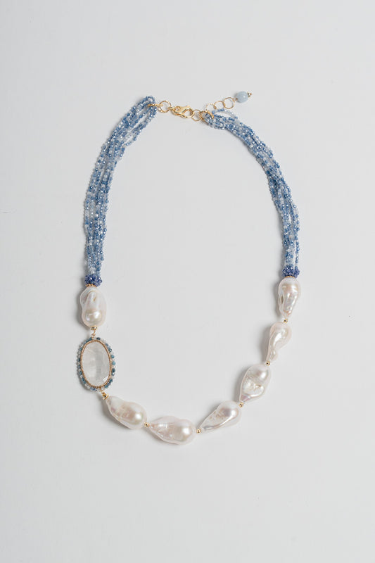 SICYLUI - COLLANA GIROCOLLO ZIRCONI AZZURRI E PERLE SCARAMAZZE