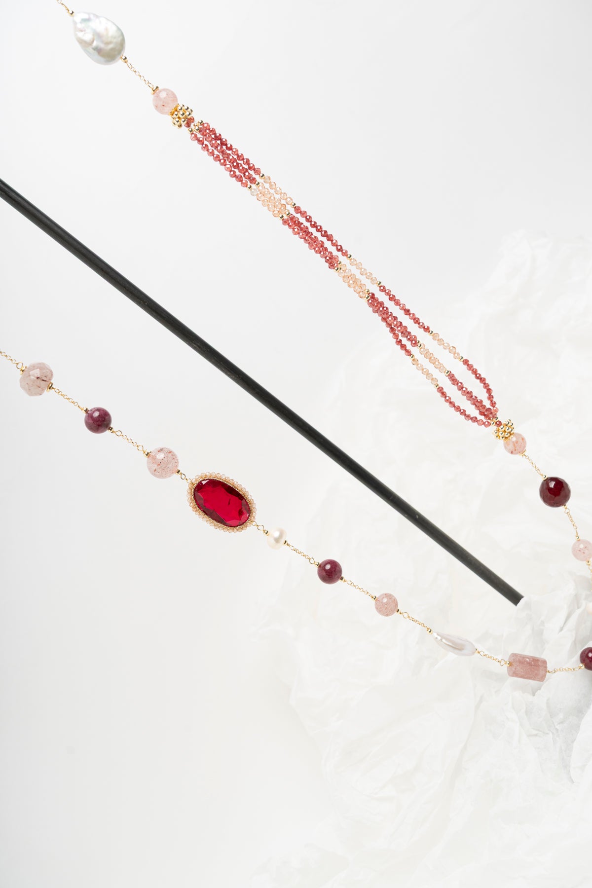 SICYLUI - COLLANA CHANEL PERLE E ZIRCONE ROSSO RUBINO