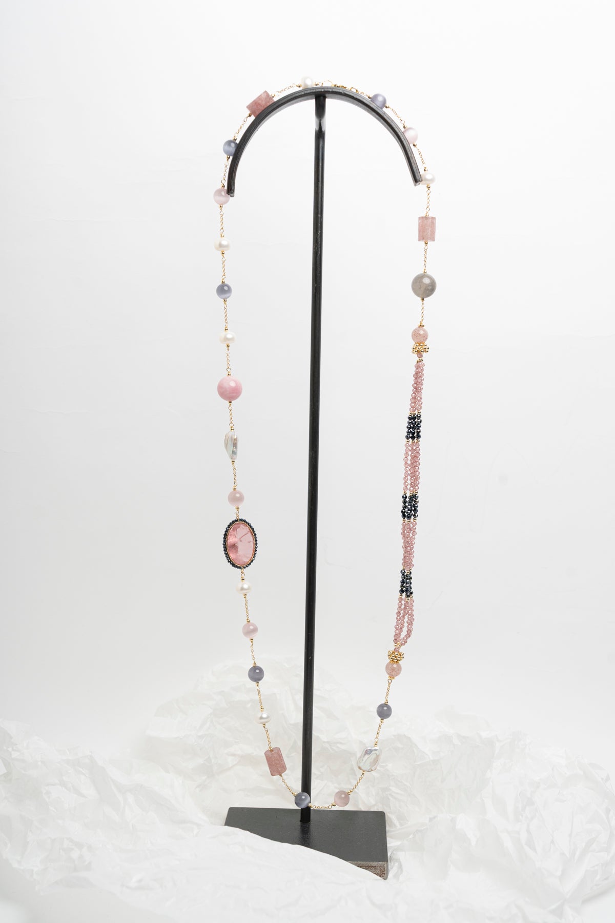 SICYLUI - COLLANA CON ZIRCONI ROSA OVALI, GIADA E PERLE