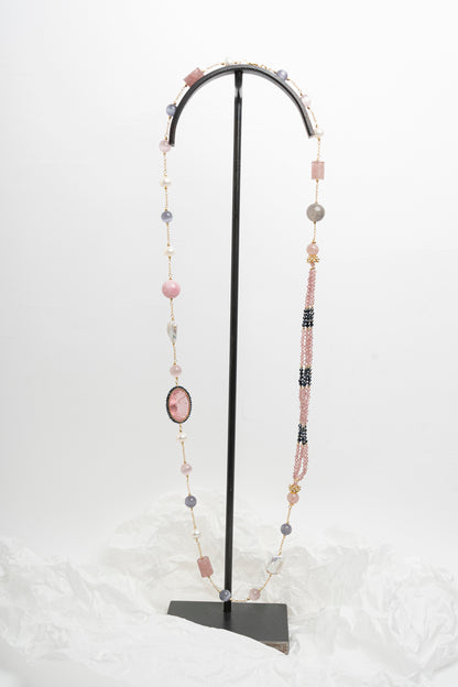 SICYLUI - COLLANA CON ZIRCONI ROSA OVALI, GIADA E PERLE