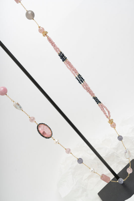 SICYLUI - COLLANA CON ZIRCONI ROSA OVALI, GIADA E PERLE