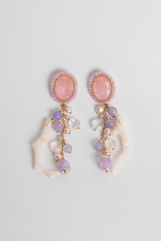 SICYLUI - ORECCHINI PENDENTI IN ARGENTO DORATO CON CORALLO ROSA